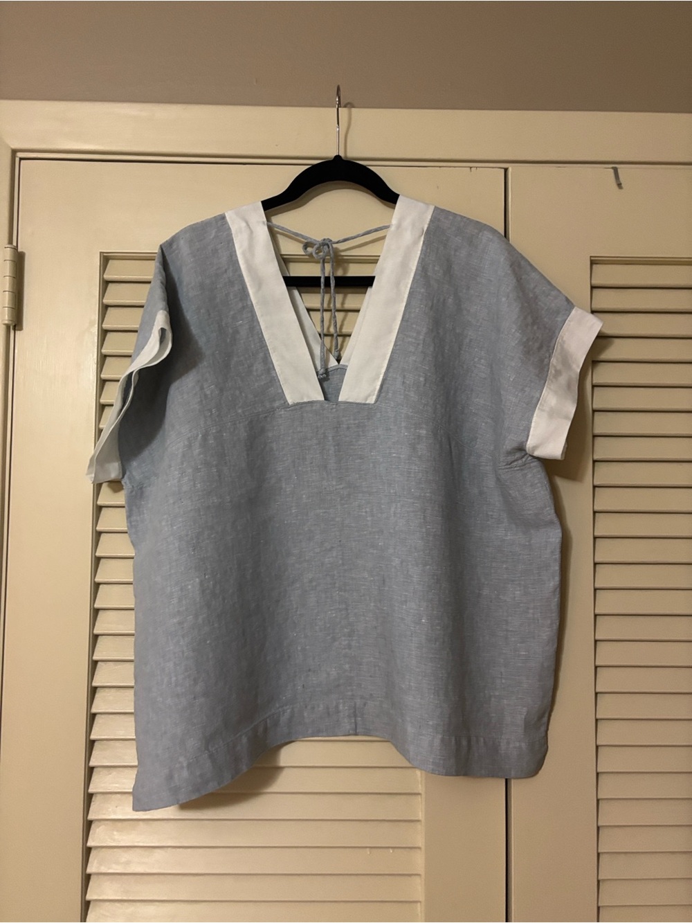 Wrap London Light Blue 100% Linen V-Neck Tunic with Cream Trim